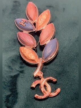 Pink and Purple Enamel Leaf Brooch with Dangling CC